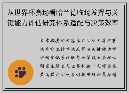 从世界杯赛场看哈兰德临场发挥与关键能力评估研究体系适配与决策效率